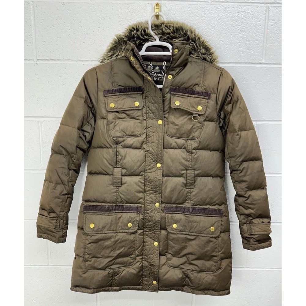 Barbour Olive Green Quilted Puffer Coat with Faux Fur Hood